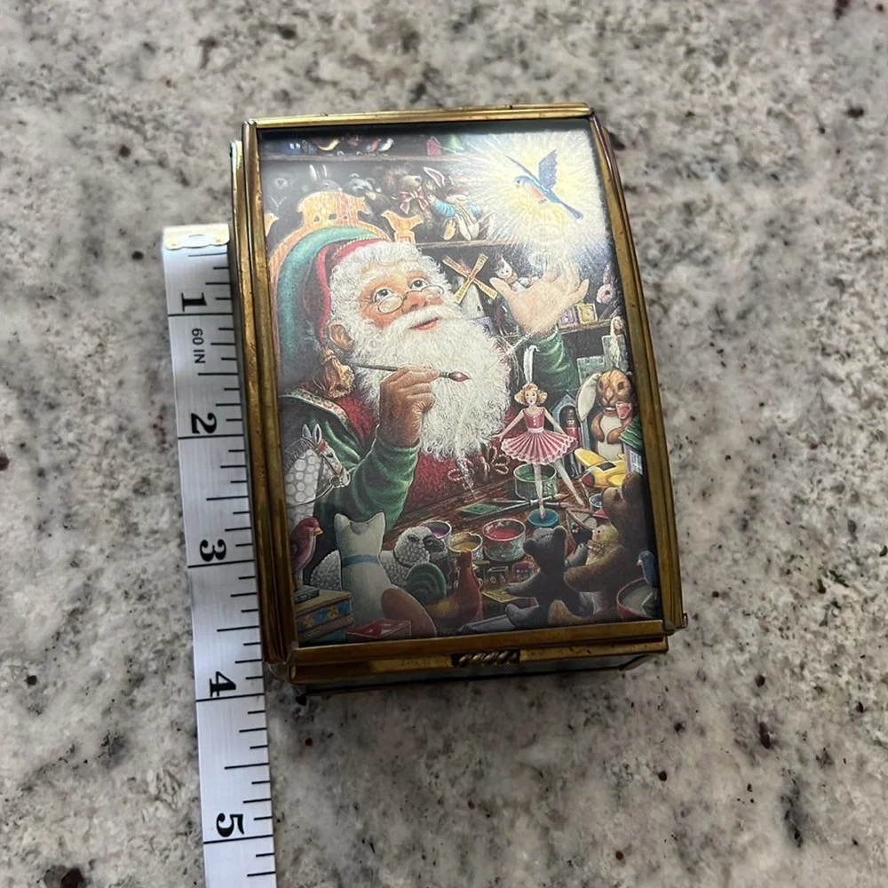 Vintage Etched Christmas Santa Toy Shop Trinket Box